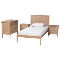 Baxton Studio Lara Twin 4-Piece Bedroom Set - Modern Wood Bed Frame with Matching Nightstands and Dresser, Decorative Laser-Cut Overlay, oak Brown